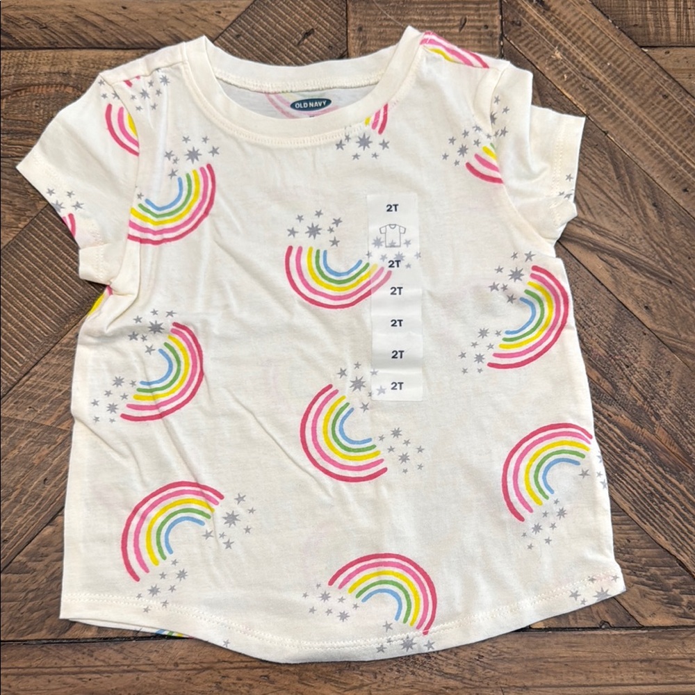 Old Navy White and Pink Short Sleeve Tee with Rainbow Print